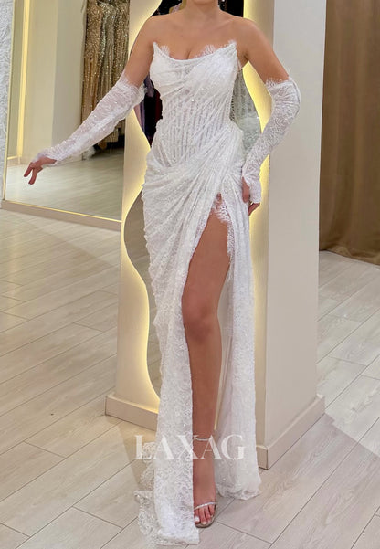 Scoop-Neck Long-Sleeves Fully Sequined Allover Lace Pleated High Slit Mermaid Formal Prom Dress