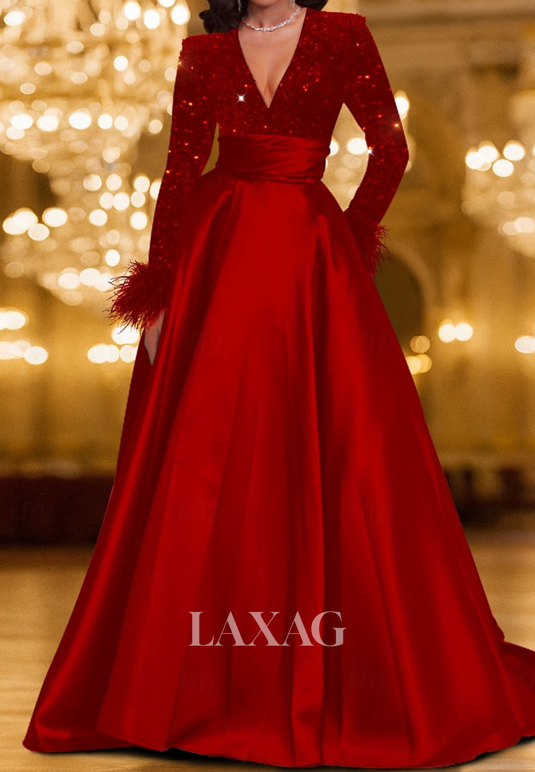 Deep V-Neck Floor-Length A-Line Evening Dress Long-Sleeves Feathered Sequined Satin Formal Gowns