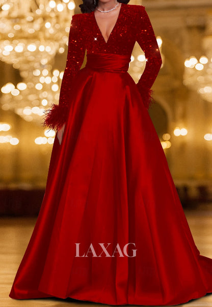 Deep V-Neck Floor-Length A-Line Evening Dress Long-Sleeves Feathered Sequined Satin Formal Gowns