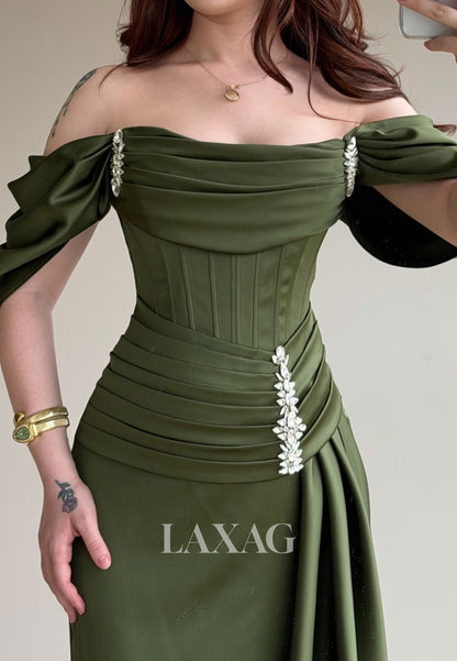 Bateau-Neck Sleeveless Rhinestone Satin Pleated Mermaid Prom Dress with Sweep Train