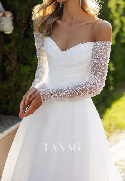 V-NecK Long-Sleeves Pleated Chiffon A-Line Wedding Dress Off-Shoulder Sequined Beaded Bride Gowns