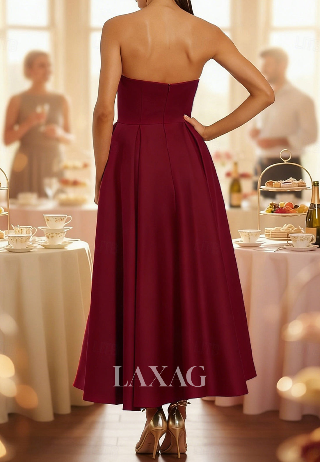 Tube Top Off-Shoulder Sleeveless Satin Pleated Tea-Length A-Line Mother of the Bride Dress