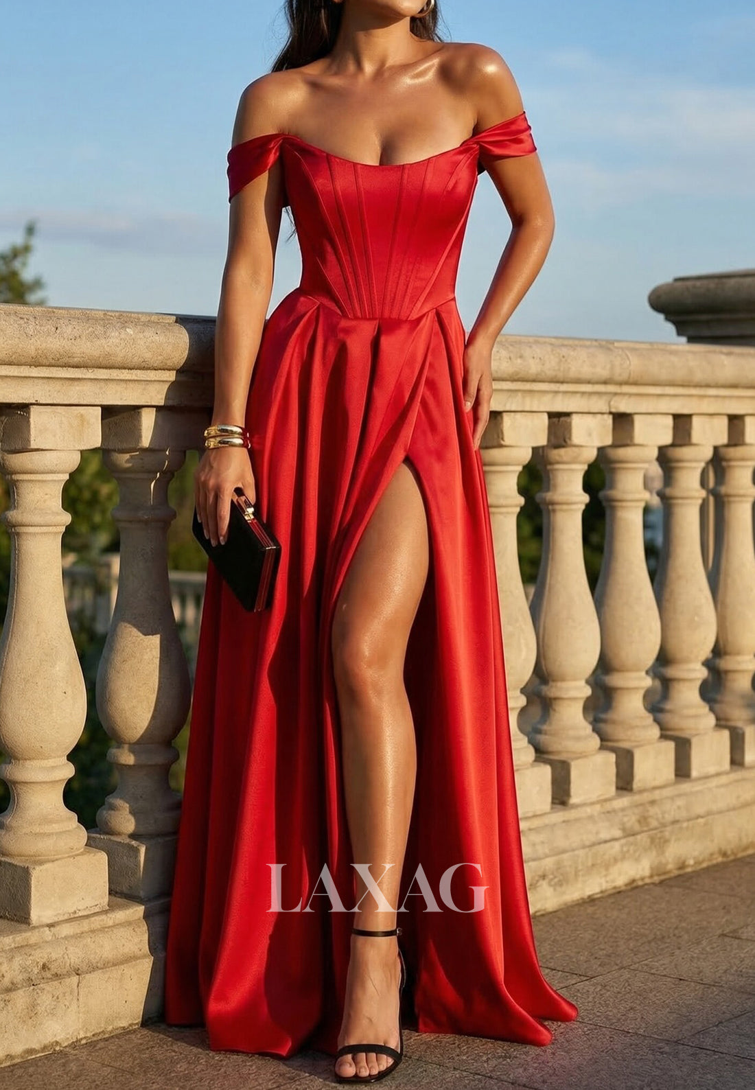 Bateau-Neck Straps Sleeveless Floor-Length Satin Pleated Simple A-Line Prom Dress with High Slit