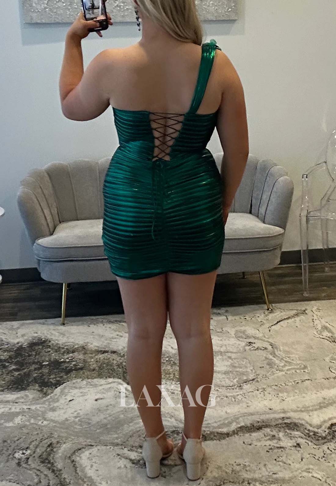 Asymmetrical-Neck One-Strap Sleeveless Pleated Satin Short A-Line Party Homecoming Dress