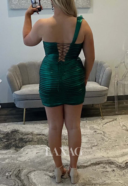 Asymmetrical-Neck One-Strap Sleeveless Pleated Satin Short A-Line Party Homecoming Dress