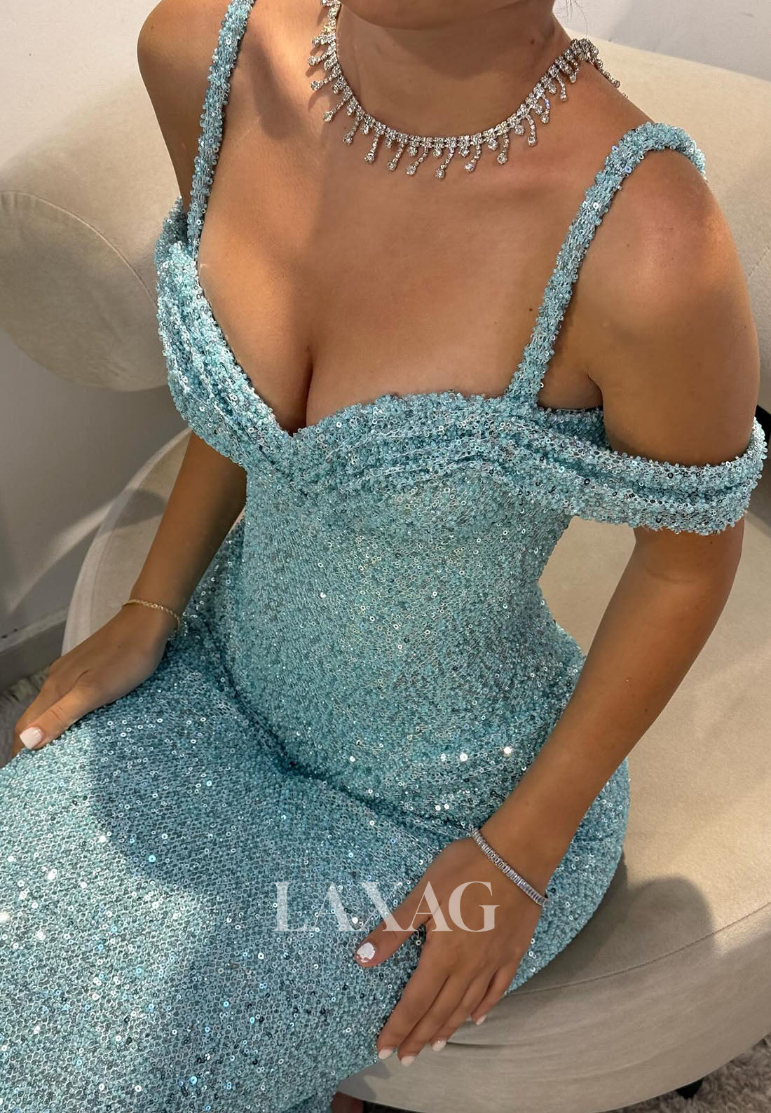 Sweetheart Fully Sequined Pleated Tulle Party Gowns Spaghetti Straps Mermaid Prom Dress