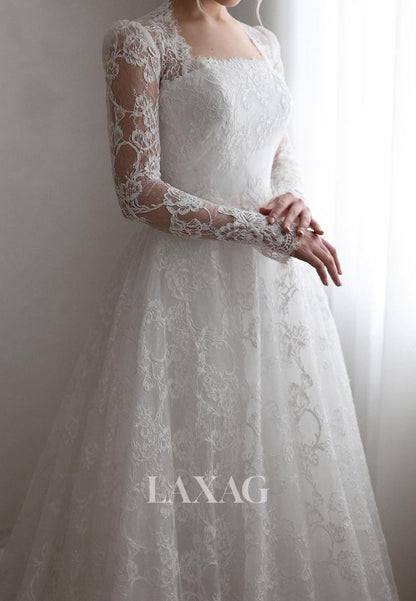 Square-Neck Long-Sleeves A-Line Wedding Dress Allover Lace Applique Pleated Sheer Bride Gowns