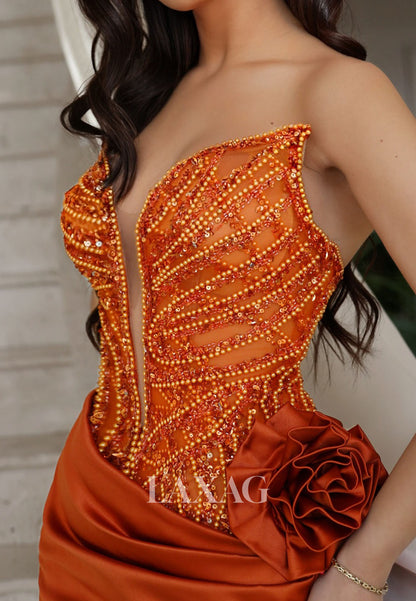 Plunging V-Neck Sleeveless Mermaid Prom Dress Off-Shoulder Sequined Beaded Satin Evening Gowns
