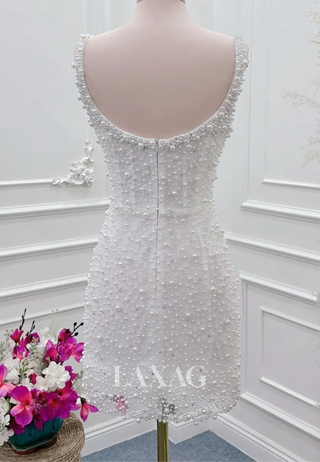 Sweetheart Spaghetti Straps Mermaid Wedding Dress Fully Beaded Pearls Short Boho Bride Gowns