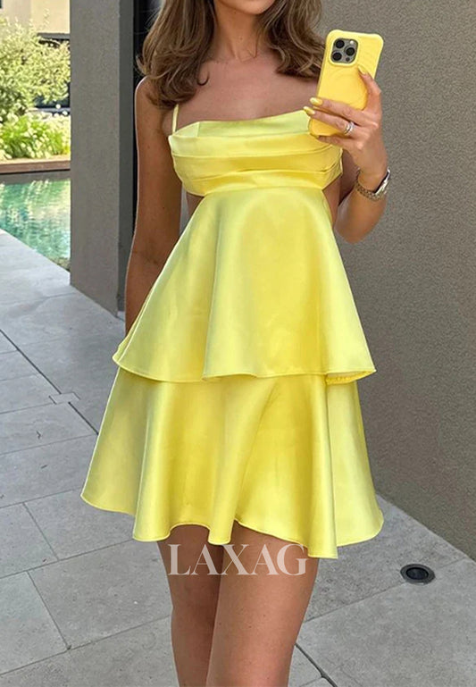 Spaghetti Straps Sweetheart Sleeveless Pleated Satin Tiered A-Line Party Homecoming Dress