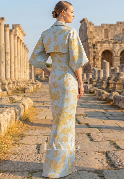 Tube Top Short-Sleeves Print-Satin Floor-Length Mermaid Mother of the Bride Dress with Overlay