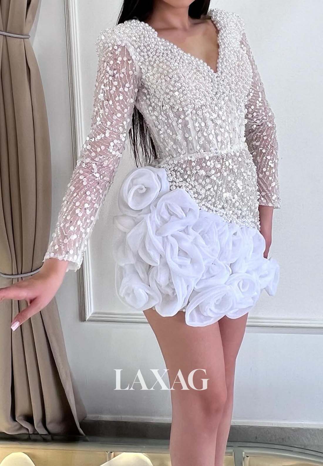 V-Neck Long-Sleeves Pleated Floral Embellished Fully Pearls Mermaid Homecoming Dress
