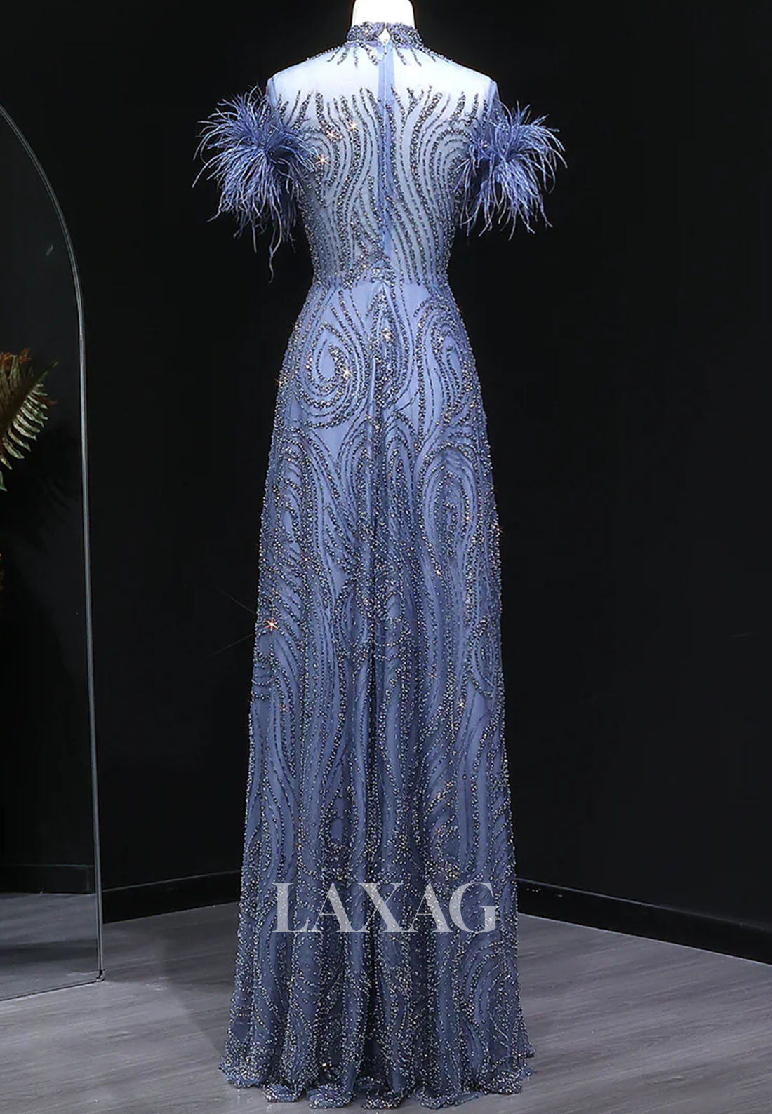High-Neck Short-Sleeves Pleated A-Line Prom Dress Feathered Fully Sequined Beaded Evening Gowns
