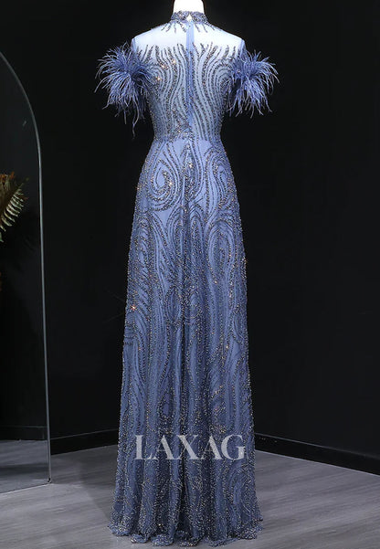 High-Neck Short-Sleeves Pleated A-Line Prom Dress Feathered Fully Sequined Beaded Evening Gowns