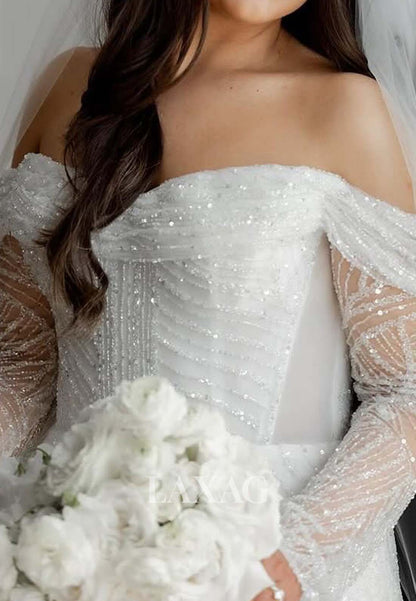 Sweetheart Long-Sleeves Mermaid Wedding Dress Fully Sequined Sweep Train Formal Gowns