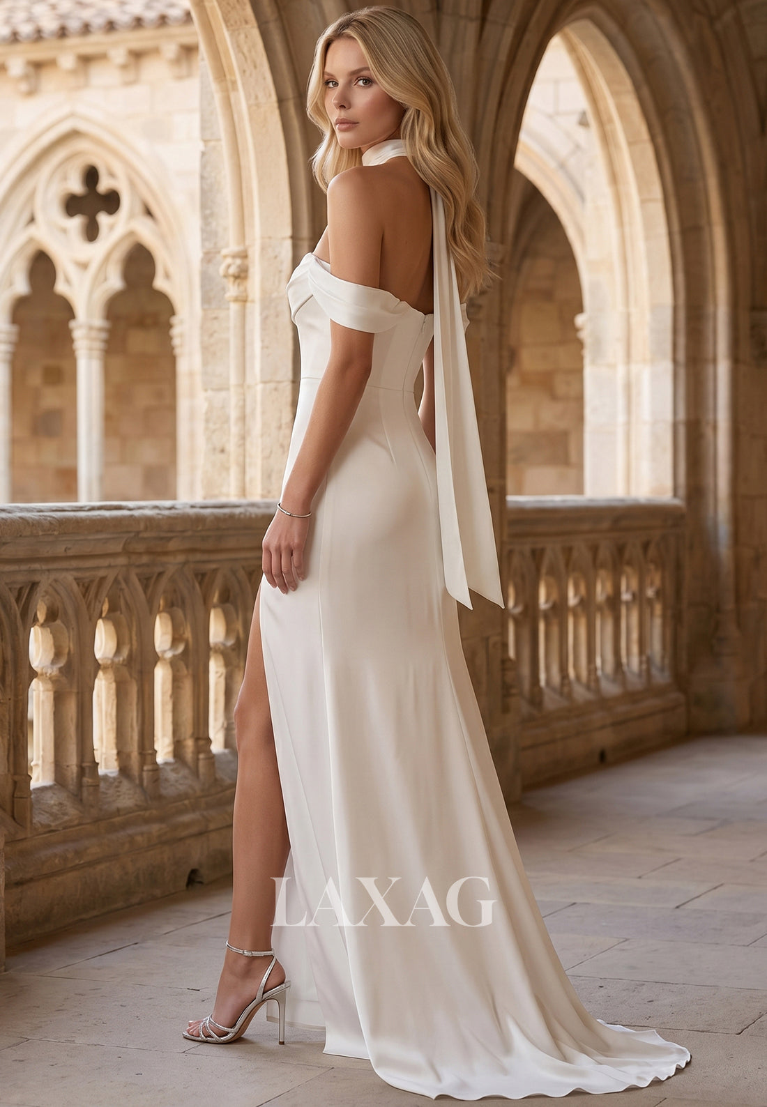 Tube Top Off-Shoulder Sleeveless Satin Pleated Sweep Train A-Line Wedding Dress with Slit