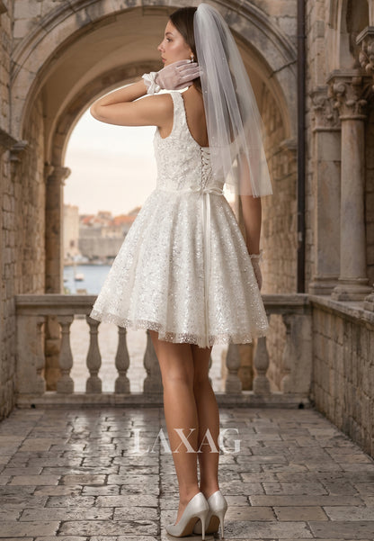 Square-Neck Straps Sleeveless Fully Sequined 3D-Floral Applique Tulle Pleated Short A-Line Wedding Dress