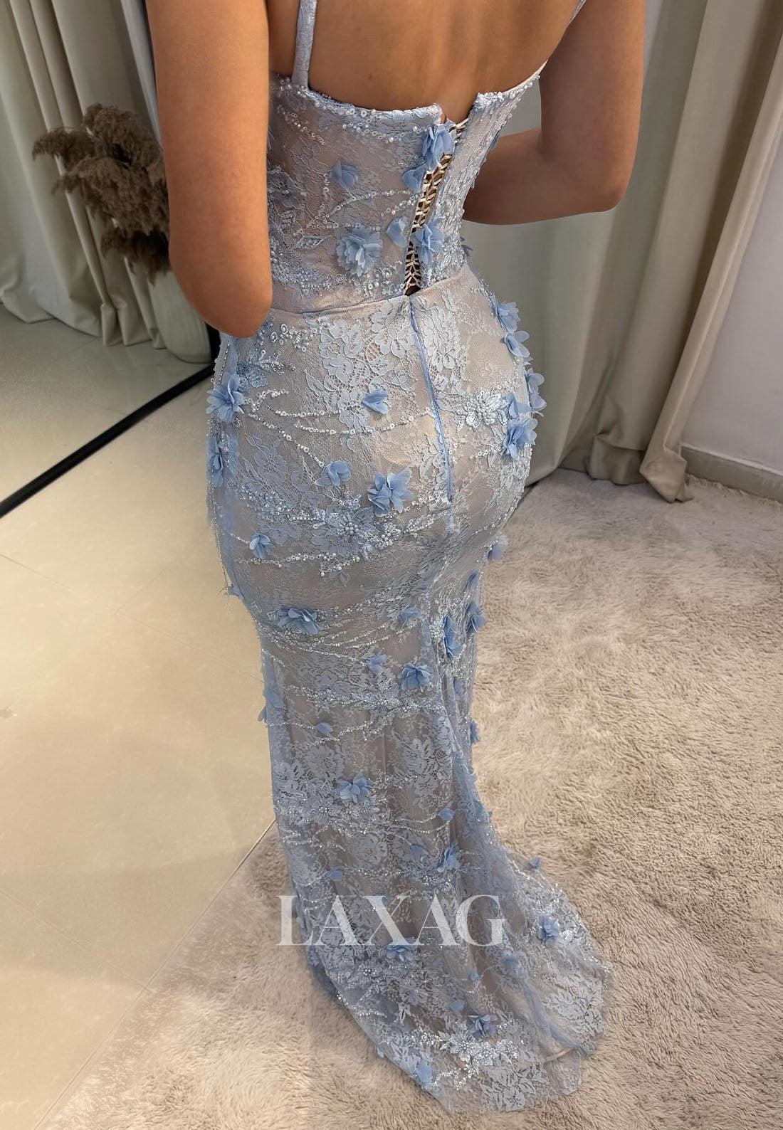 Sweetheart Spaghetti Straps Sleeveless Floral Embellished Sequined Floor-Length Mermaid Prom Dress