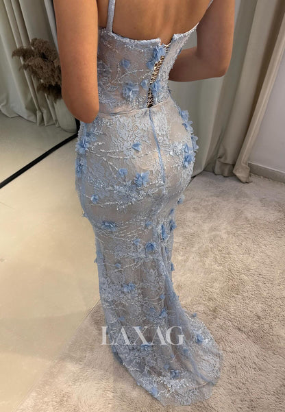 Sweetheart Spaghetti Straps Sleeveless Floral Embellished Sequined Floor-Length Mermaid Prom Dress