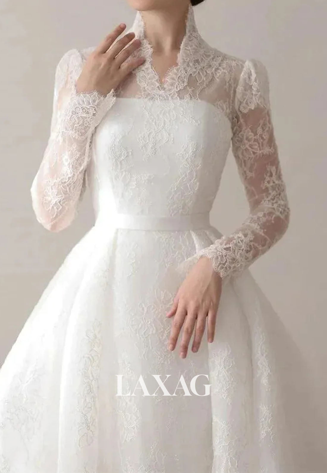 A-Line High V-Neck Long-Sleeves Allover Lace Pleated Sheer Sweep Train Wedding Dress