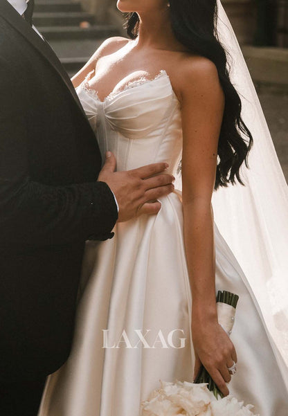 Simple Sweetheart Off-Shoulder Sleeveless Beaded Pleated Satin Long A-Line Wedding Dress