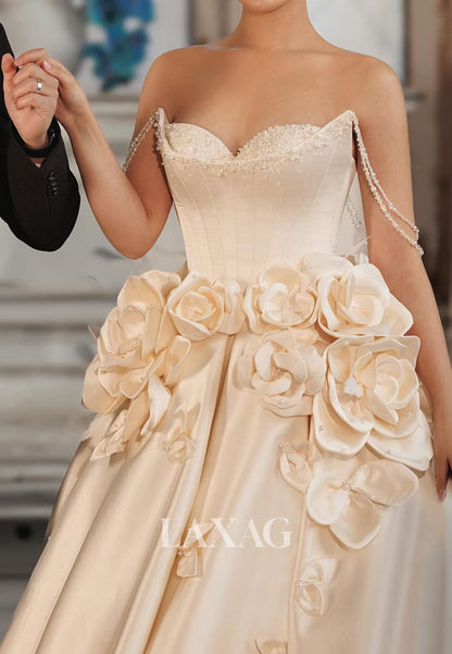 Sweetheart Sleeveless Pleated Satin Bride Gowns Floral Embellished Beaded A-Line Wedding Dress