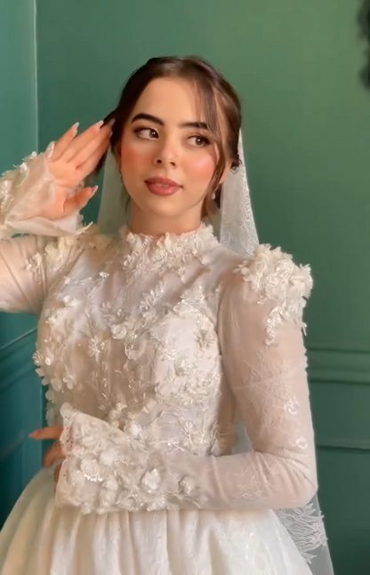 Long Sleeve Floral Applique Bridal Gown