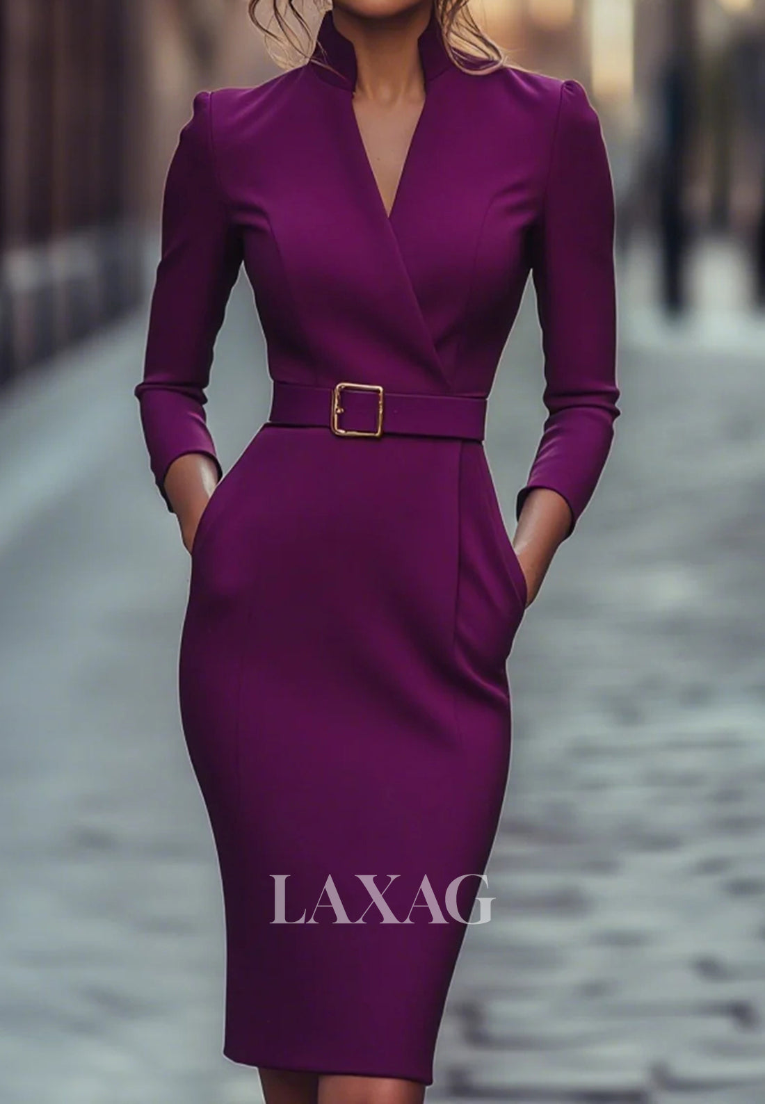 V-Neck Long-Sleeves Mermaid Mother of the Bride Dress Simple Knee-Length Satin Formal Gowns