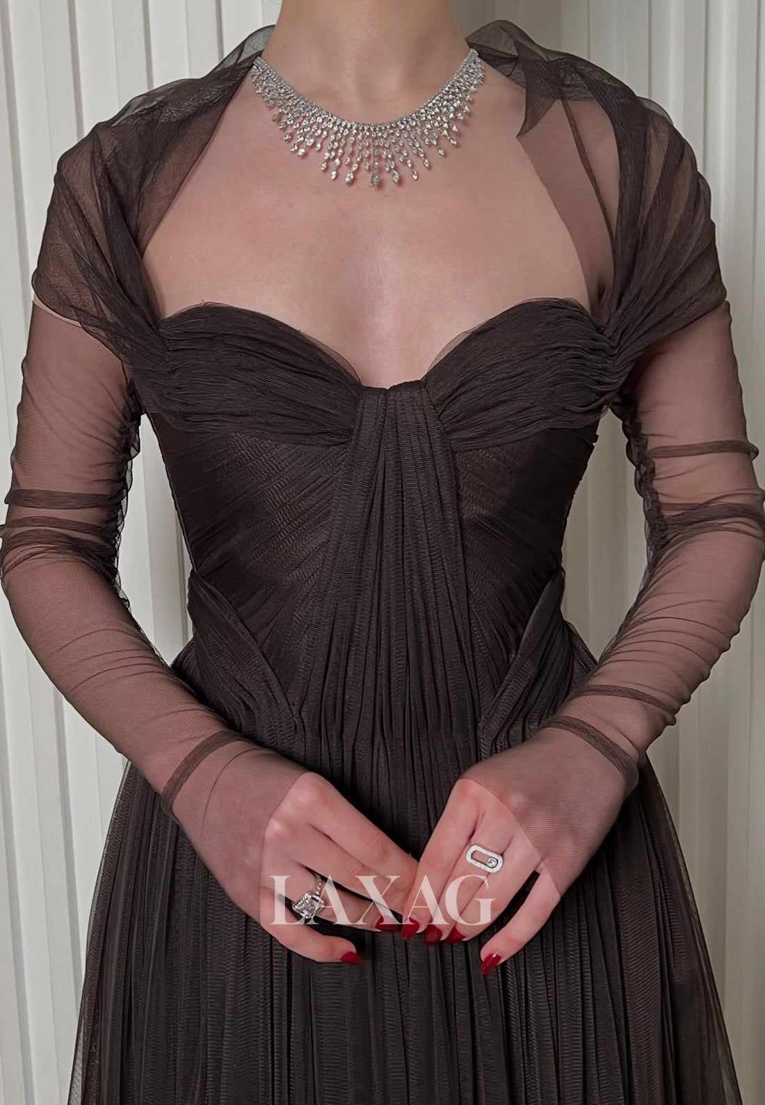 Sweetheart Long-Sleeves Floor-Length Tulle Pleated Sheer Simple A-Line Evening Dress