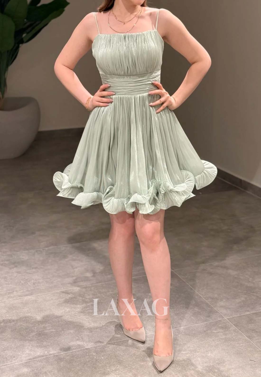 Spaghetti Straps Bateau-Neck Off-Shoulder Pleated Chiffon A-Line Homecoming Dress