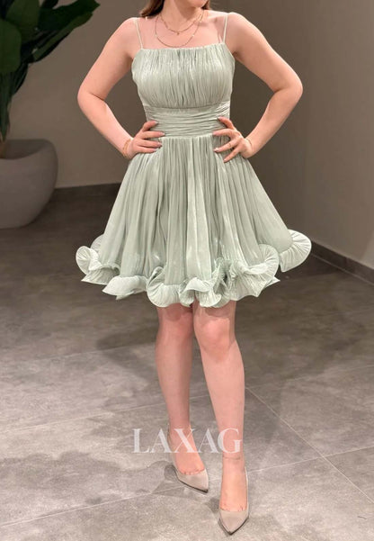 Spaghetti Straps Bateau-Neck Off-Shoulder Pleated Chiffon A-Line Homecoming Dress