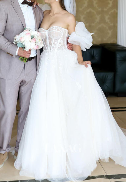 A-Line Sweetheart Pleated Tulle Wedding Dress Short-Puff-Sleeves Sequined Beaded Bride Gowns