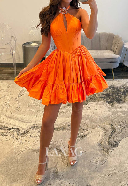 Halter-Neck Off-Shoulder Sleeveless Beaded Pleated Satin A-Line Party Homecoming Dress