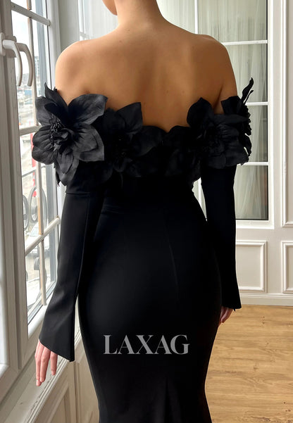 Off-Shoulder Floral Embellished Tube Top Mermaid Prom Dress Sleeveless Satin Evening Gowns