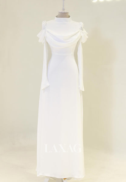 High-Neck Long-Sleeves Satin Pleated Floor-Length Simple Fitted Evening Dress