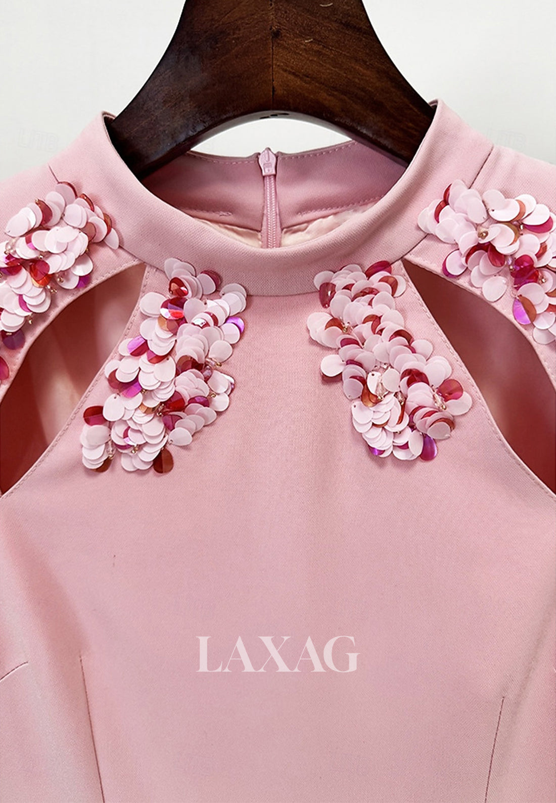 High-Neck Long-Sleeves Sequined Satin Cutout Floor-Length Mermaid Evening Dress