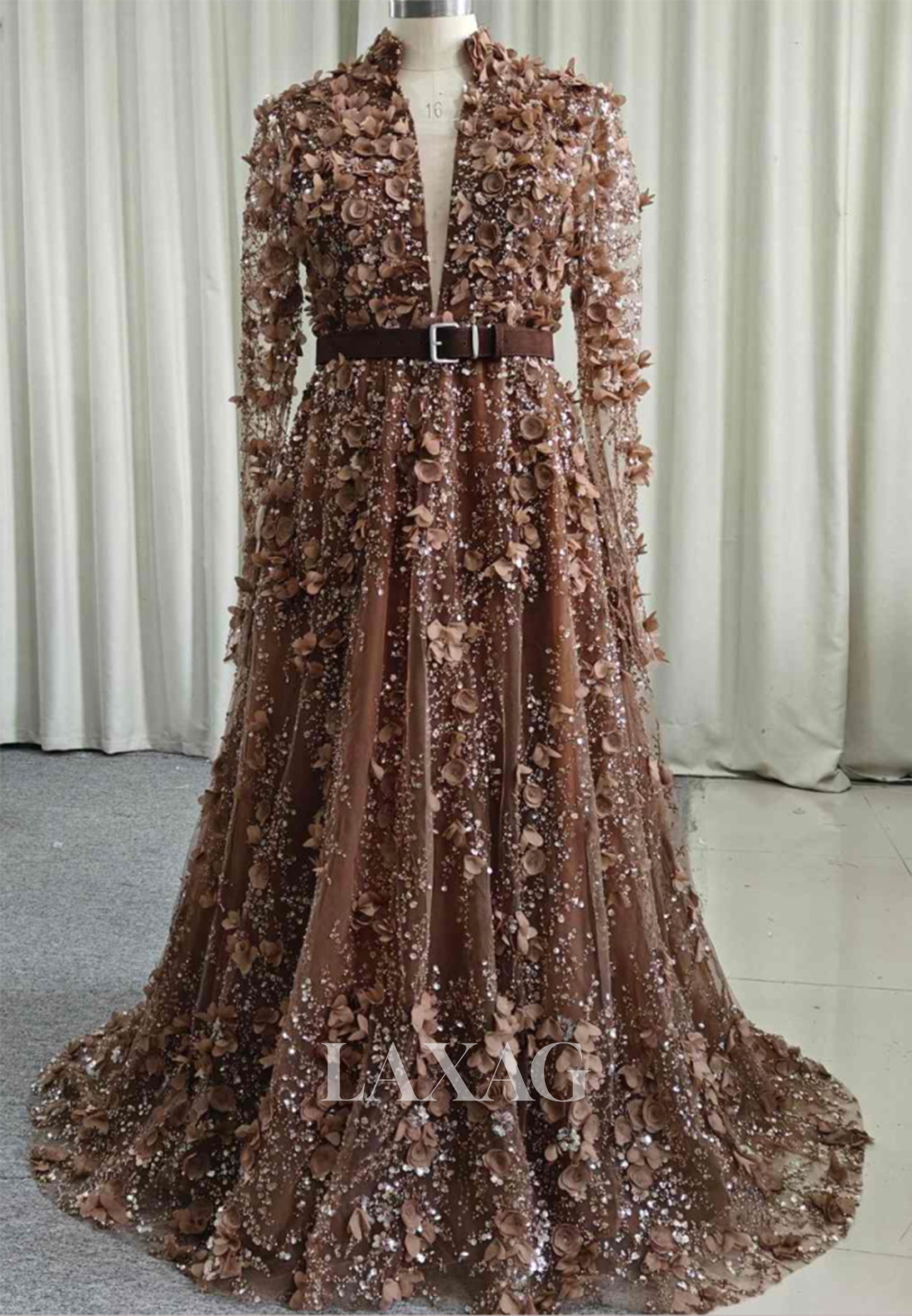 A-Line Plunging V-Neck Long-Sleeves Prom Dress Sequined Floral Embellished Tulle Party Gowns