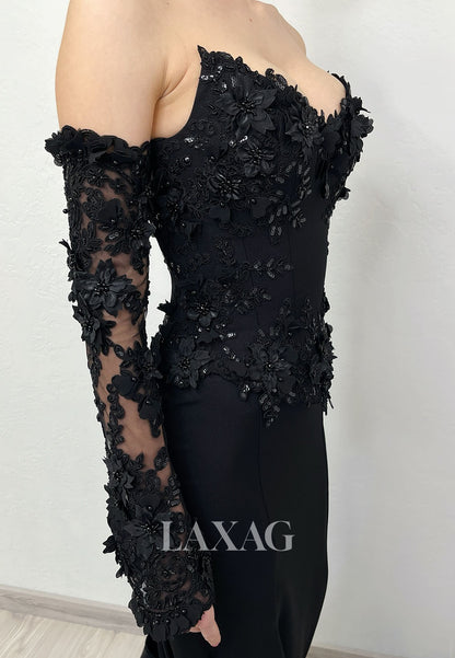 V-Neck Off-Shoulder Pleated Satin Formal Gowns Floral Embellished Mermaid Wedding Dress with Gloves