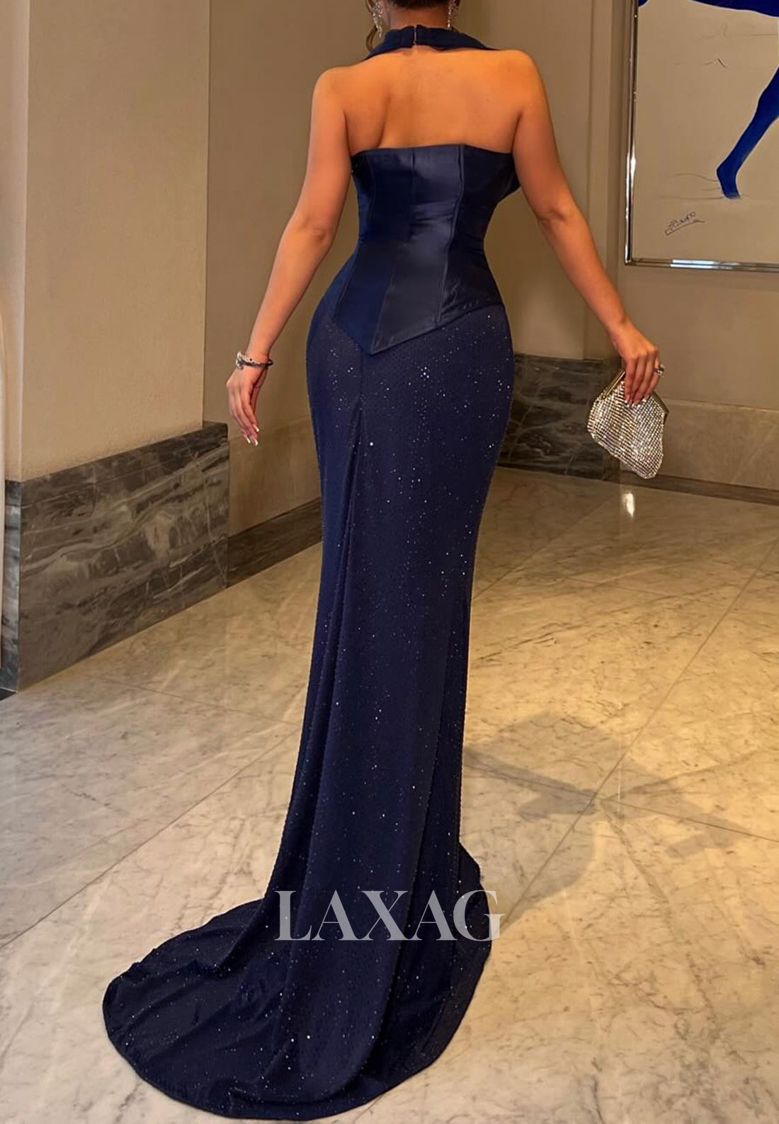 Halter V-Neck Sleeveless Fully Beaded Tulle Pleated Floor-Length Mermaid Evening Dress