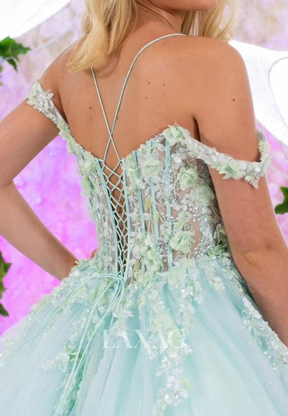 Sweetheart Spaghetti Straps Tulle Pleated Party Gowns Floral Embellished Sequined A-Line Prom Dress