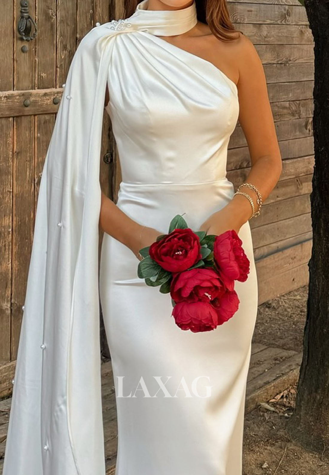 Halter Asymmetrical-Neck Sleeveless Floor-Length Pleated Satin Mermaid Wedding Dress with Train