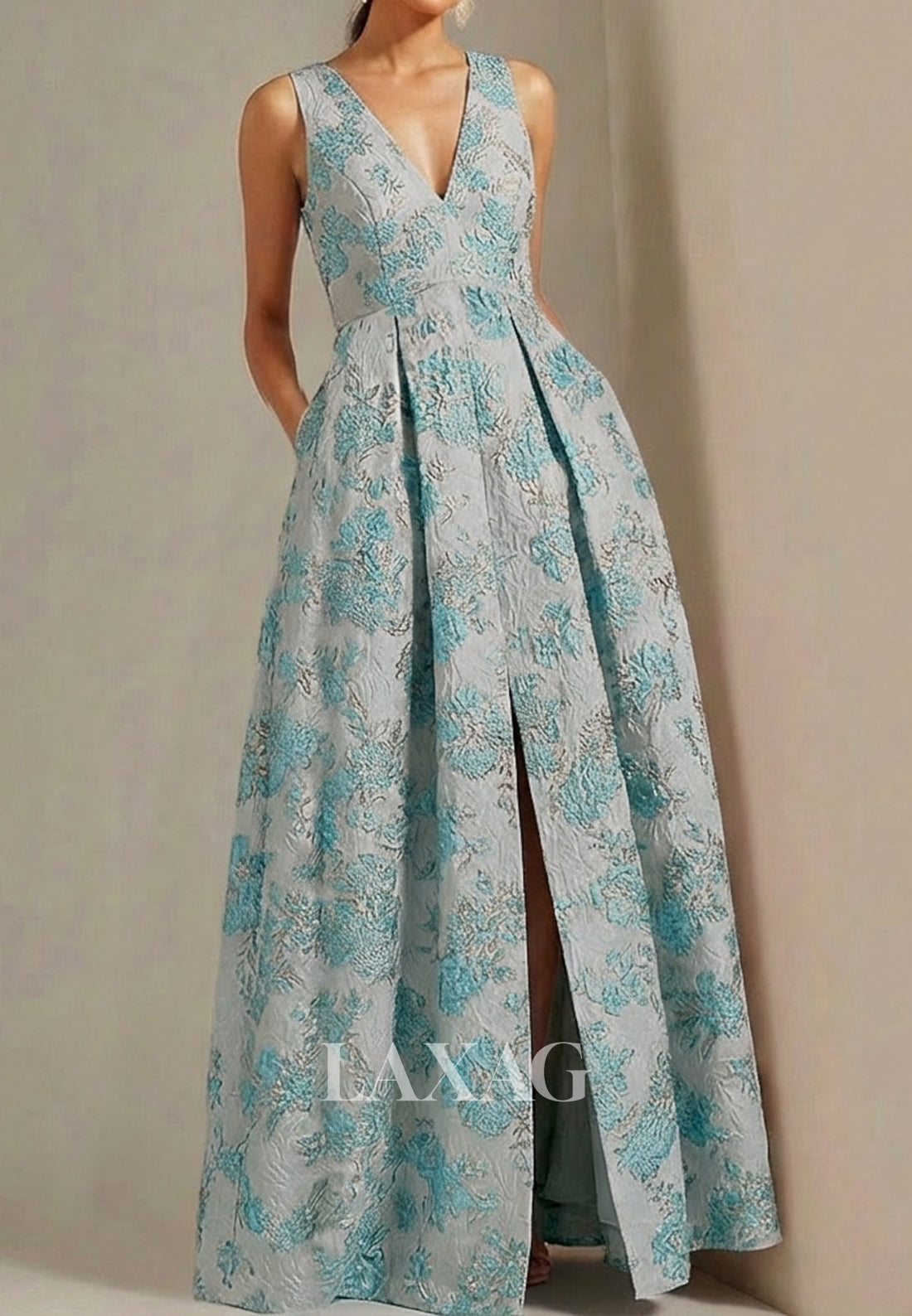 V-Neck Straps Sleeveless Jacquard Satin Pleated Floor-Length A-Line Evening Dress with Slit