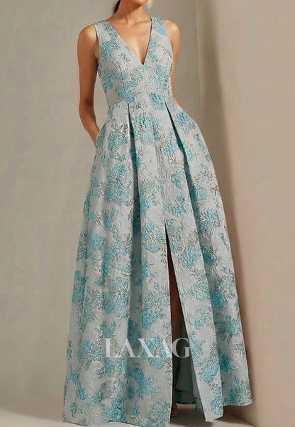 V-Neck Straps Sleeveless Jacquard Satin Pleated Floor-Length A-Line Evening Dress with Slit