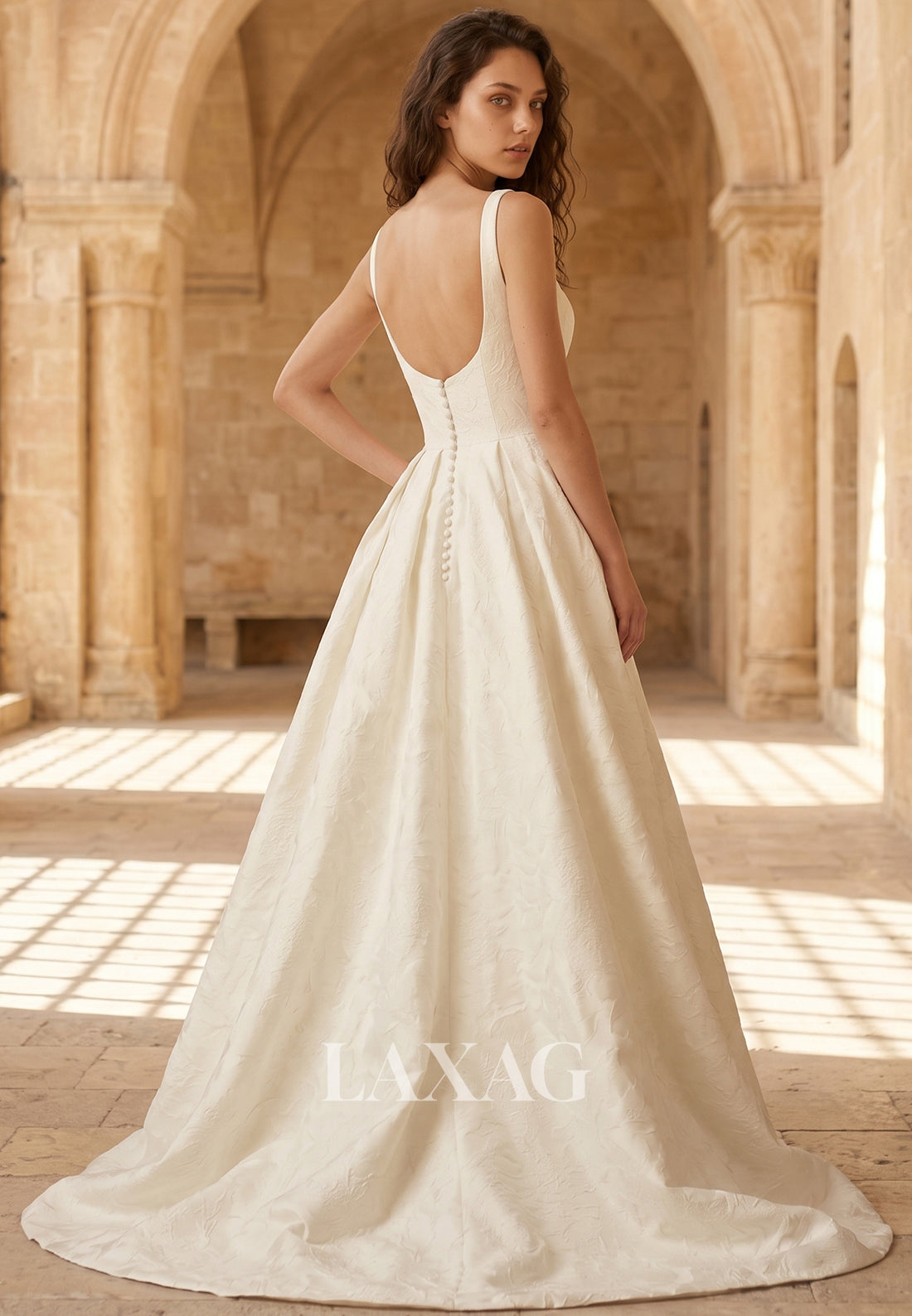 Square-Neck Straps Sleeveless 3D-Floral Jacquard Satin Pleated A-Line Wedding Dress with Train