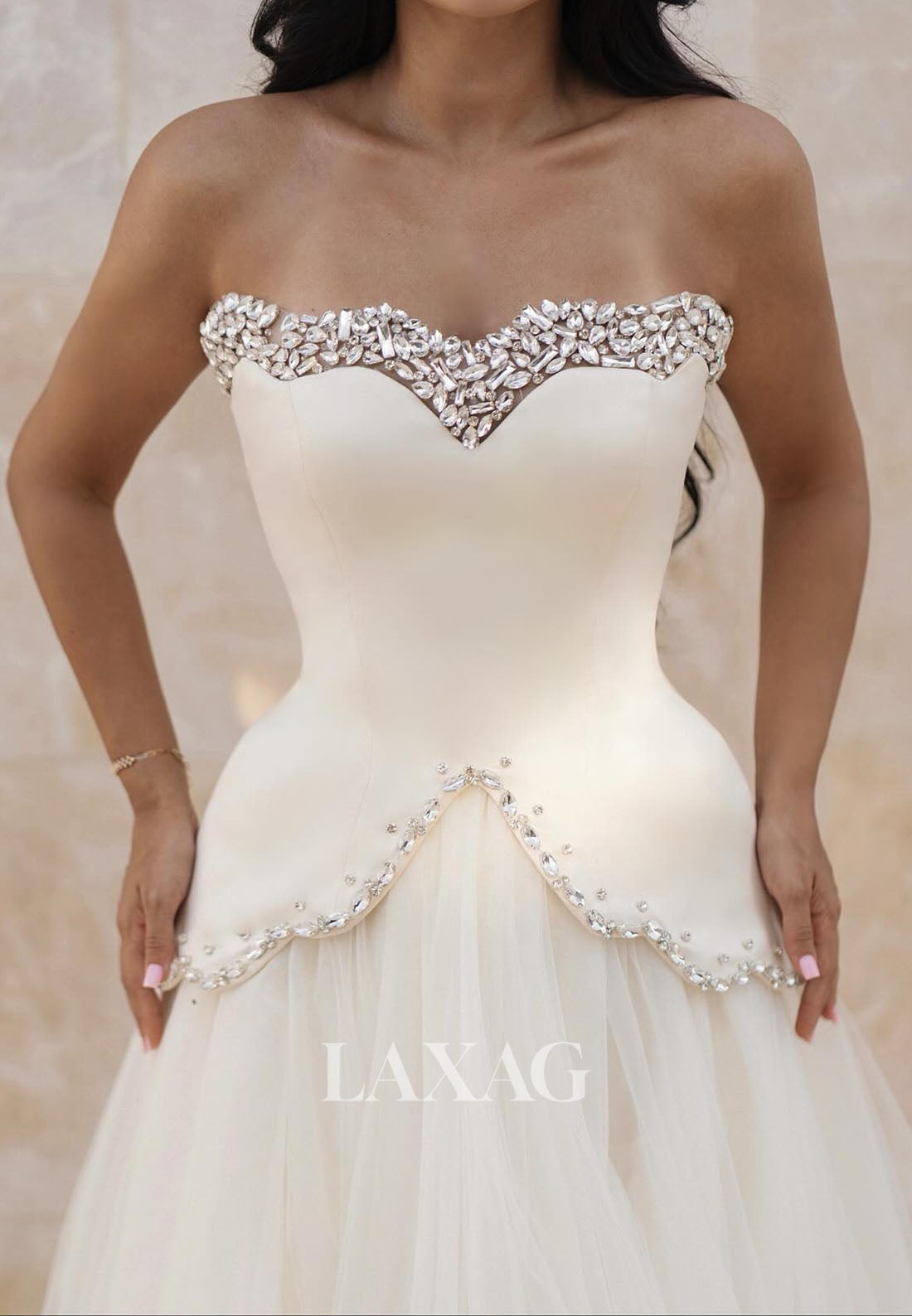 Sweetheart Off-Shoulder Sleeveless Rhinestone Beaded Pleated Satin&Tulle A-Line Wedding Dress