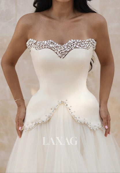 Sweetheart Off-Shoulder Sleeveless Rhinestone Beaded Pleated Satin&Tulle A-Line Wedding Dress