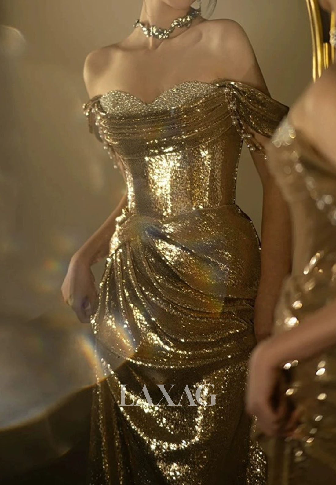 Sweetheart Fully Sequined Pleated Party Gowns Sleeveless Beaded Sweep Train Mermaid Prom Dress