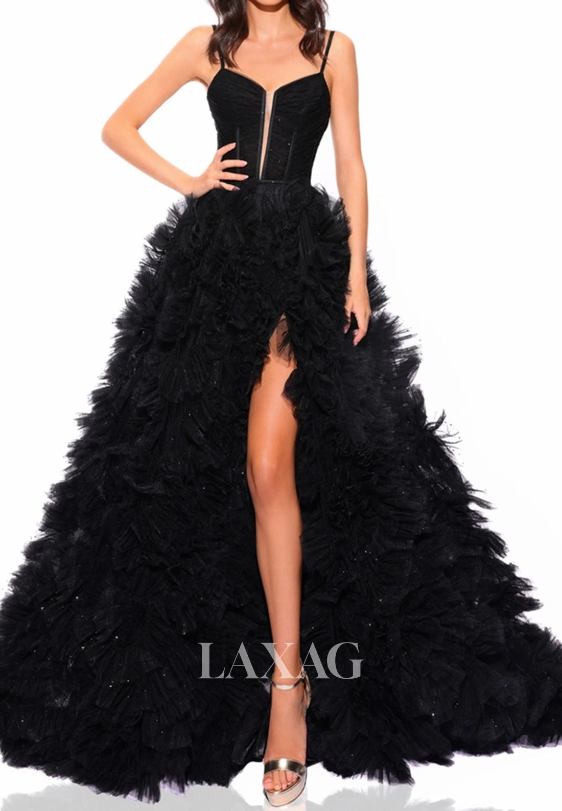 V-Neck Spaghetti Straps Tiered A-Line Prom Dress Sleeveless Beaded Pleated Tulle Party Gowns
