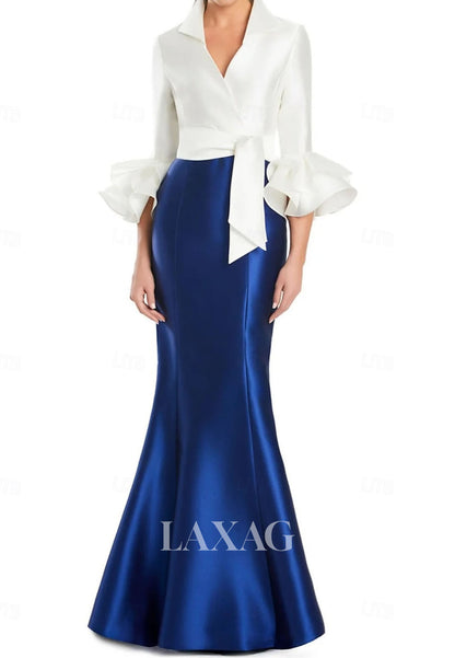 V-Neck Half-Sleeves Trumpet Mermaid Evening Dress Pleated Satin Floor-Length Formal Gowns