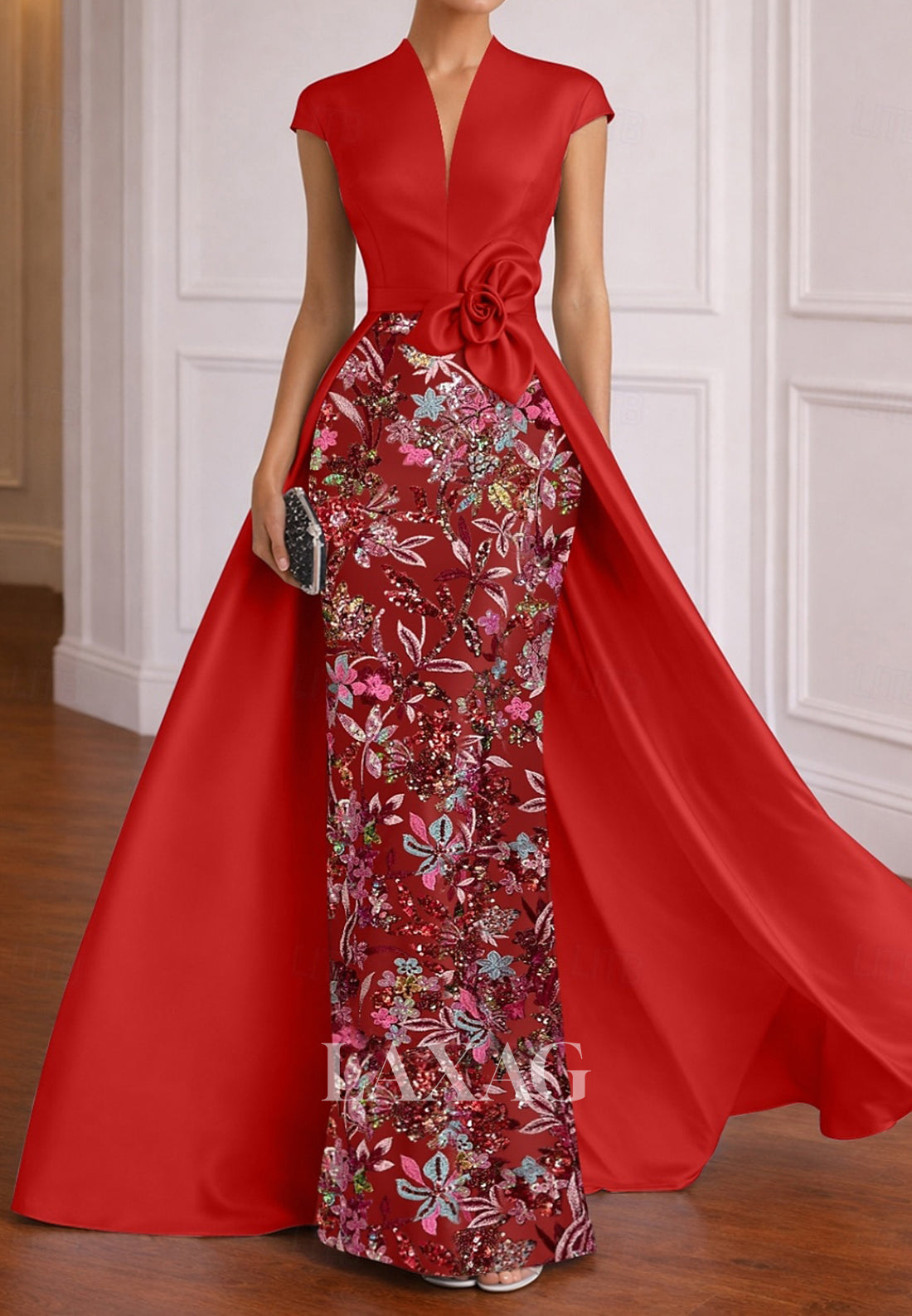 V-Neck Cap-Sleeves Sequined 3D-Floral Satin Floor-Length Mermaid Mother of the Bride Dress